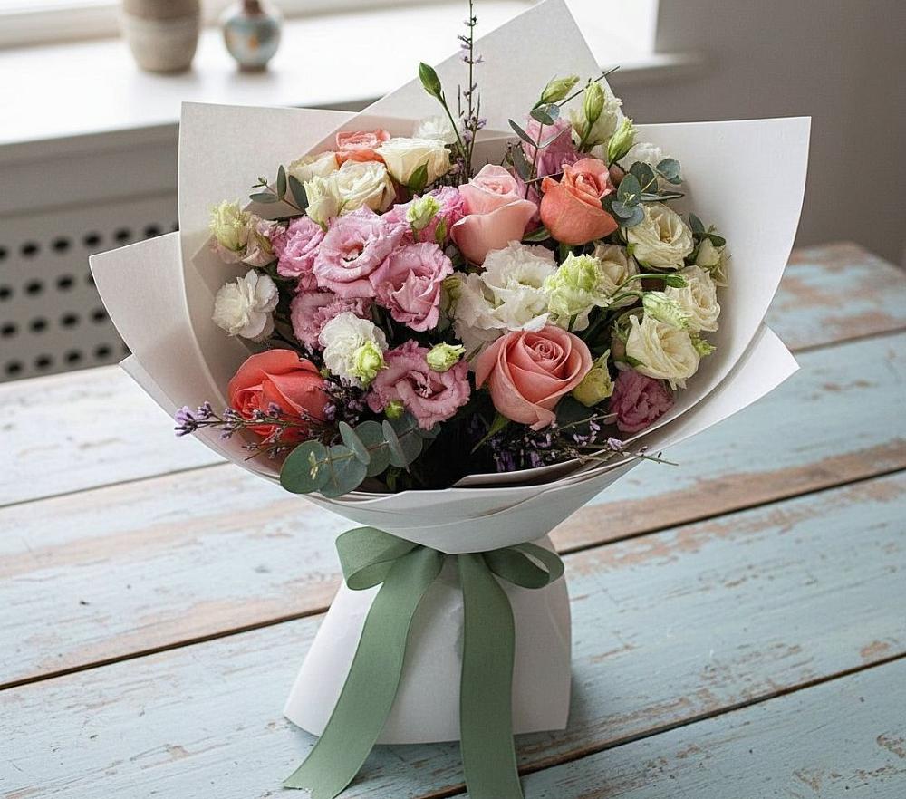 Букет цветов из: Розы, Лизиантусы и Гвоздики в Улан-Удэ