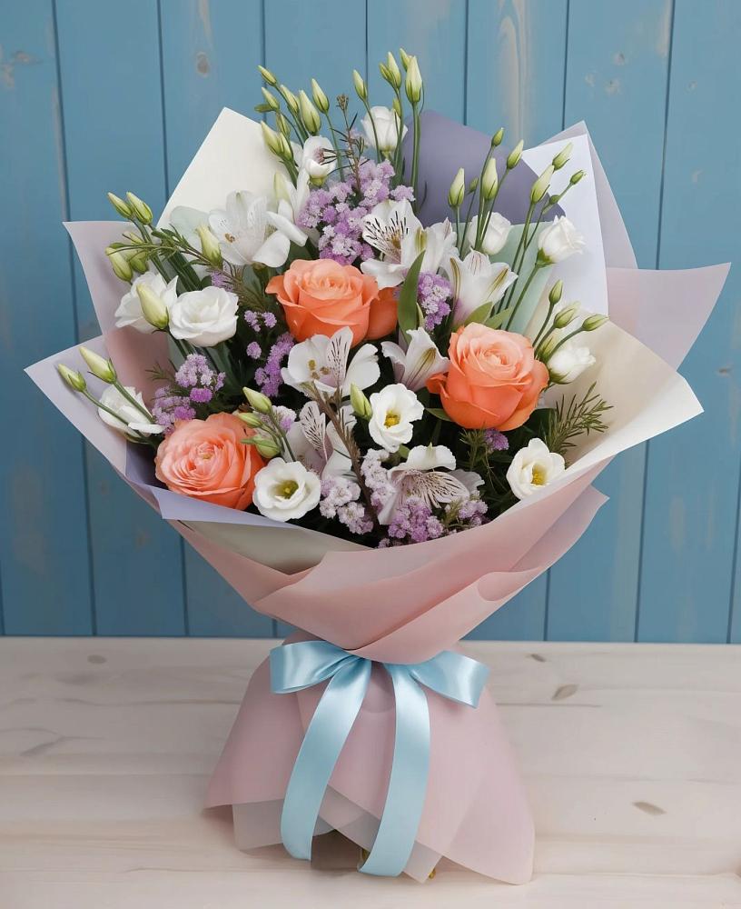 Букет цветов из: Лизиантусы, Розы, Альстромерии и Гипсофила в Улан-Удэ